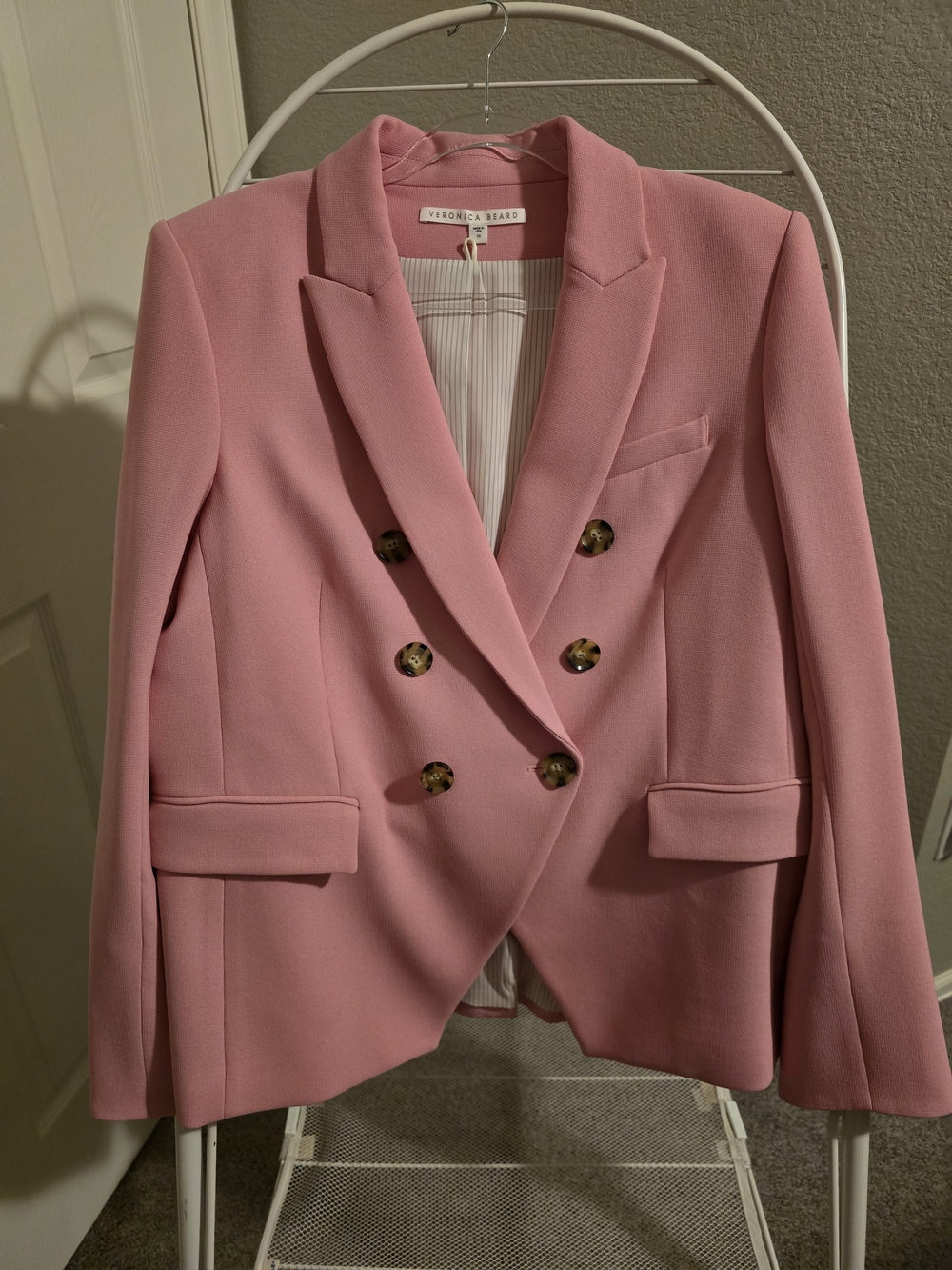 Veronica Beard Rose Pink Double-Breasted DickeyBlazer with Tortoiseshell Buttons